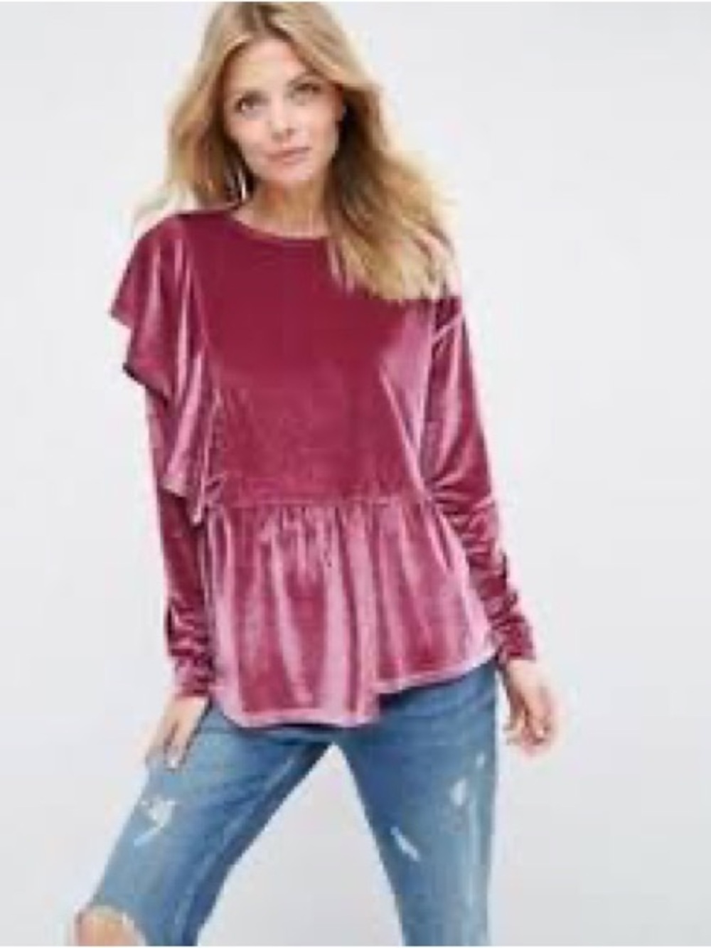 ASOS Velvet Ruffled Peplum Long Sleeve Blouse Mauve Purple size 18